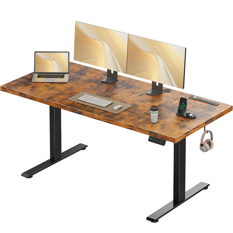 Bureau électrique debout avec prises de courant, H 29,1 po x l 71 po x P 27,6 po, Brun rustique / noir