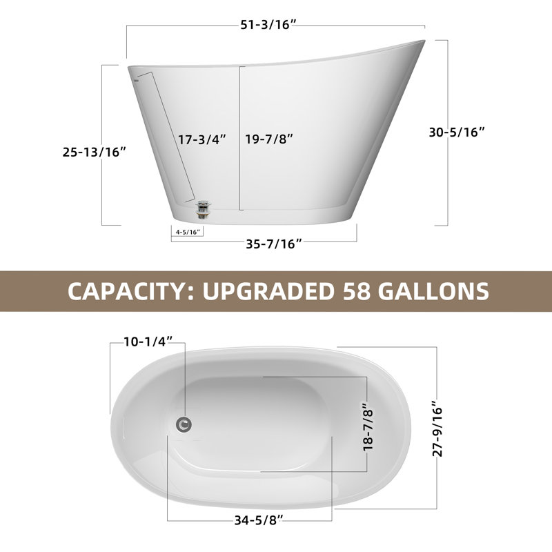 Baignoire de trempage autoportante ovale blanche 51 po x l 28 po avec drain central