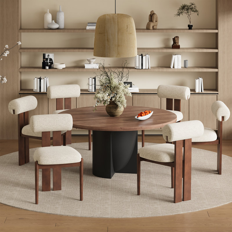 Modern Upholstered Dining Chairs with Rolled Back & Solid Wood Legs, Beige