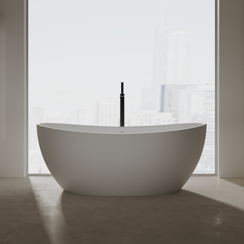 MonBlari 64" X 33" Free standing Soaking Solid Surface Bathtub with Overflow and Pop-up Drain For Bathroom, Matte White
