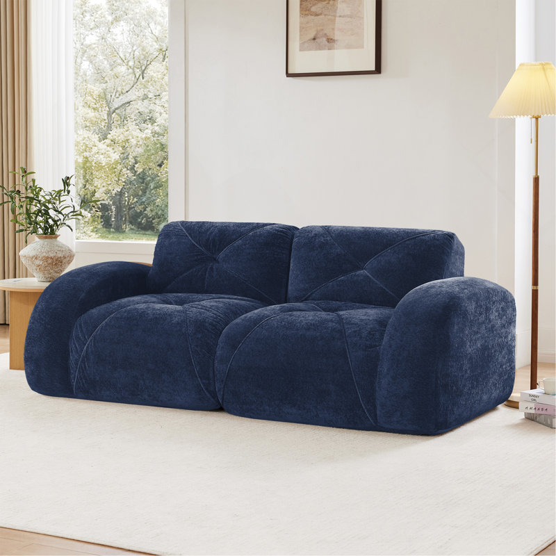 Canapés capitonnés à 2 places avec canapé sans os, tissu en velours doux, conception antidérapante inférieure, éponge haute densité 32D, conception ergonomique inférieure, aucun assemblage requis, convient aux salons, bleu
