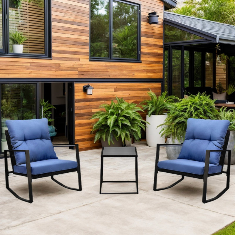 3 Pieces Outdoor Chair With Blue Rebound Cushions - All-Weather Materials For Lawn, Garden, Poolside Sponge Poolside, Terrace