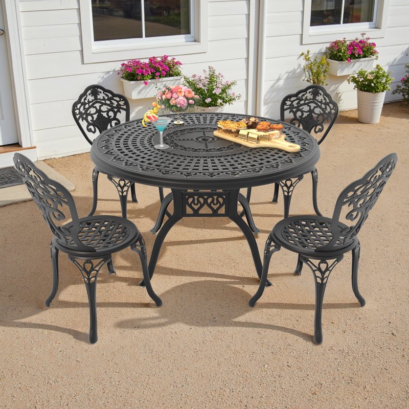 5-Piece Round Table Outdoor Cast Aluminum Dining Set, Compact Size Chair (Seat Width:15.35")，A Patio and Terrace Essential
