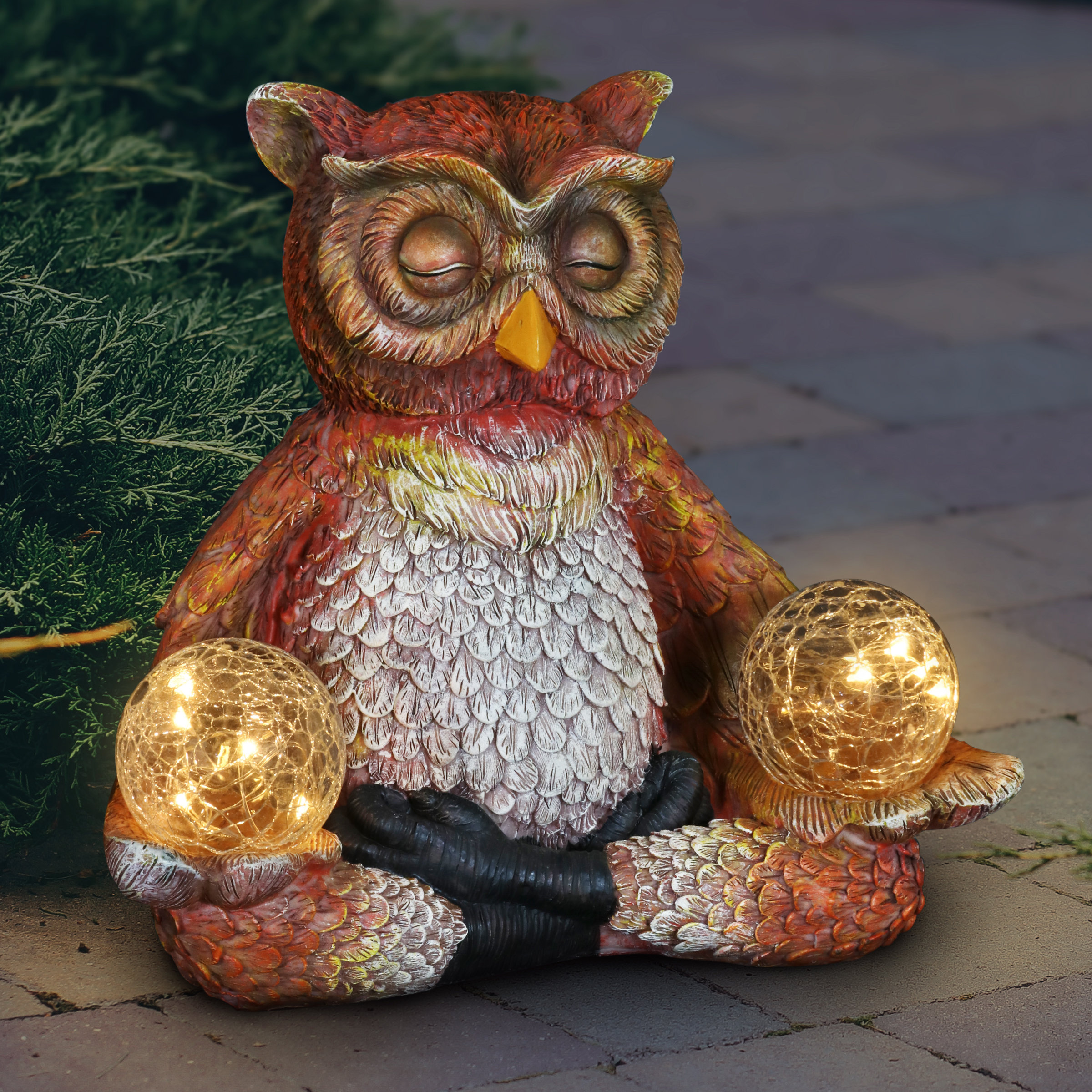 Exhart Solar Meditating Yoga Owl with Two Crackle Glass Firefly Balls Garden  Statue & Reviews