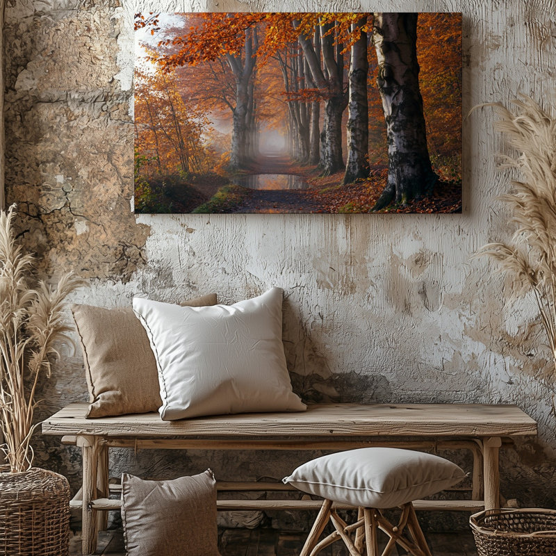 Toile dans une forêt d'automne sereine, un sentier étroit et serpent, H 20 po x l 20 po