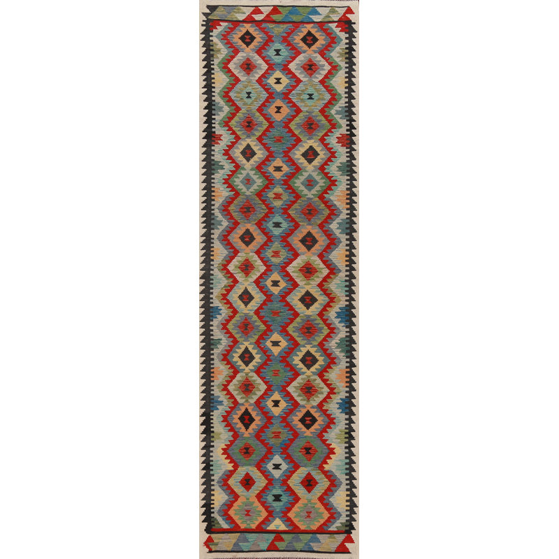 Tapis de couloir oriental géométrique en laine Kilim 3 x 13