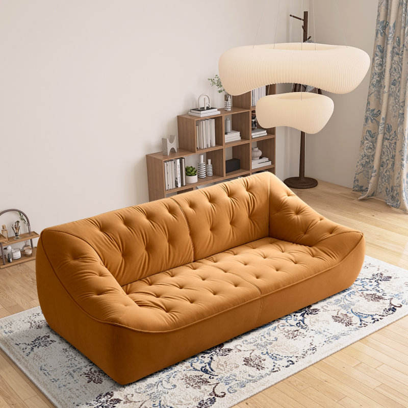 3 Seater Velvet Tufted Oversized Upholstered Sofa, White Velvet