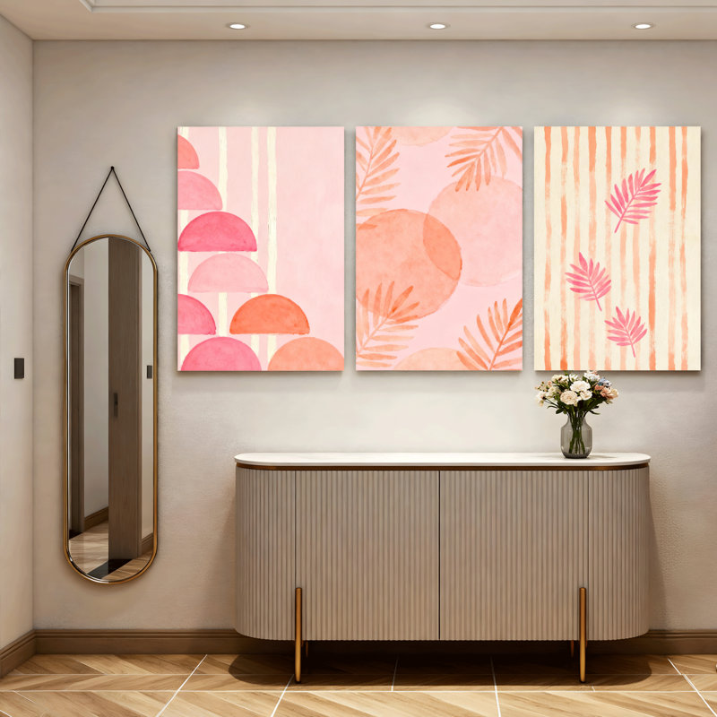 Abstrait rose et pêche géométrique et feuille tropicale, reproduction d'art sur toile, impression de style aquarelle (ensemble de 3)