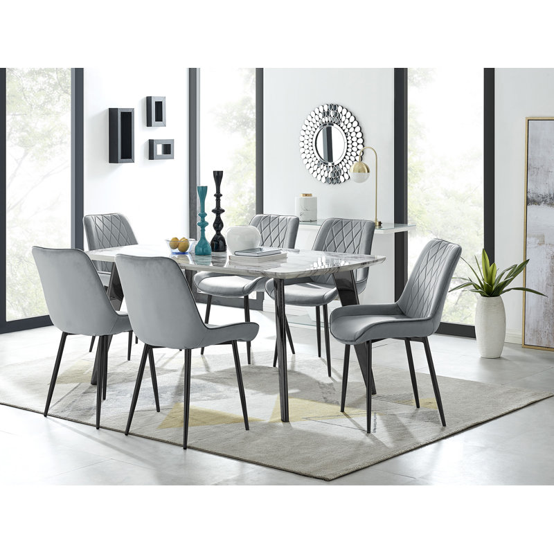 Anders Modern Veneer Marble Effect Dining Table Set with 6 Luxury Velvet Dining Chairs, Grey/Black