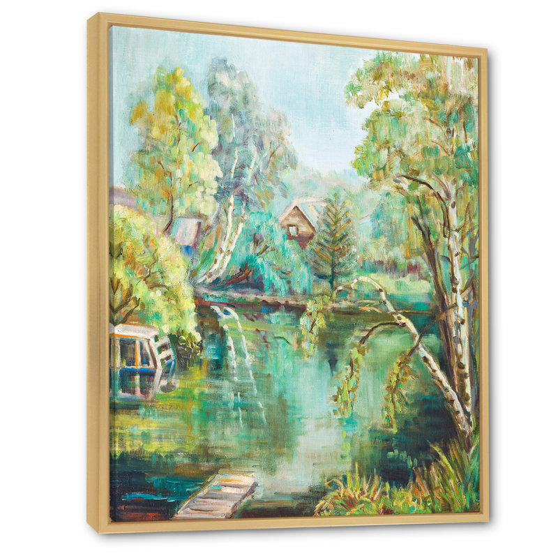 Étang vert en été - Peinture sur toile, H 32 po x l 24 po, Toile avec cadre en érable