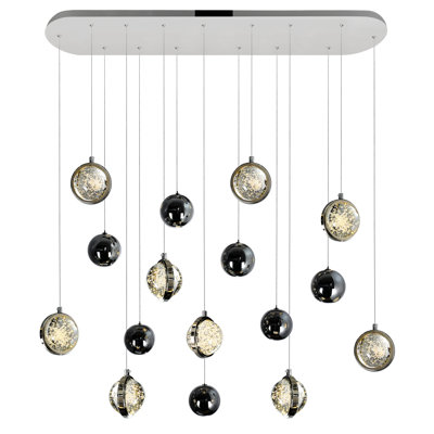 Lustre en nickel poli de 40 pouces avec abat-jour intégrés en verre bullé et à DEL - Idéal pour la salle à manger, la cuisine ou le vestibule