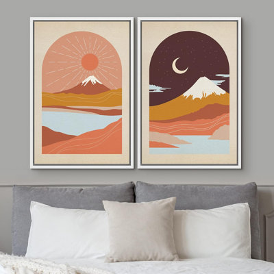"Western Mountain Sun & Moon Nature Landscape", art moderne sur toile encadrée, 2 pièces