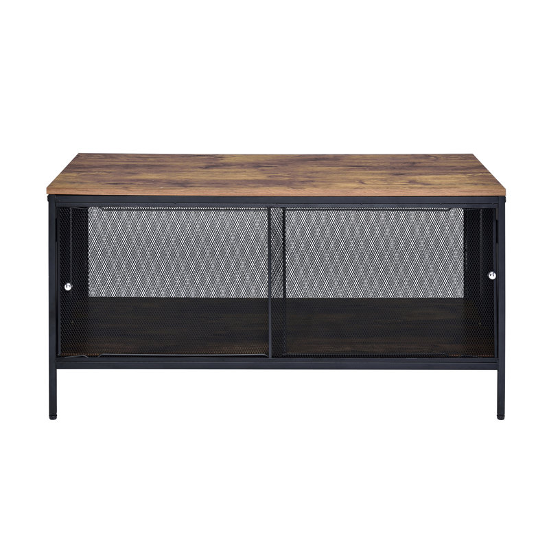 Table basse rectangulaire avec rangement en chêne antique et noir, 4 portes coulissantes en noir et fonctionnel - Centre de table de salon fonctionnel