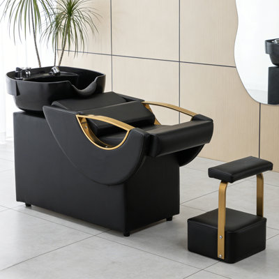Shampoo Bowl & Chair Set With Footstool, Barber Hair Stylist Backwash Chair With Deep ABS Basin & Neck Rest, Black