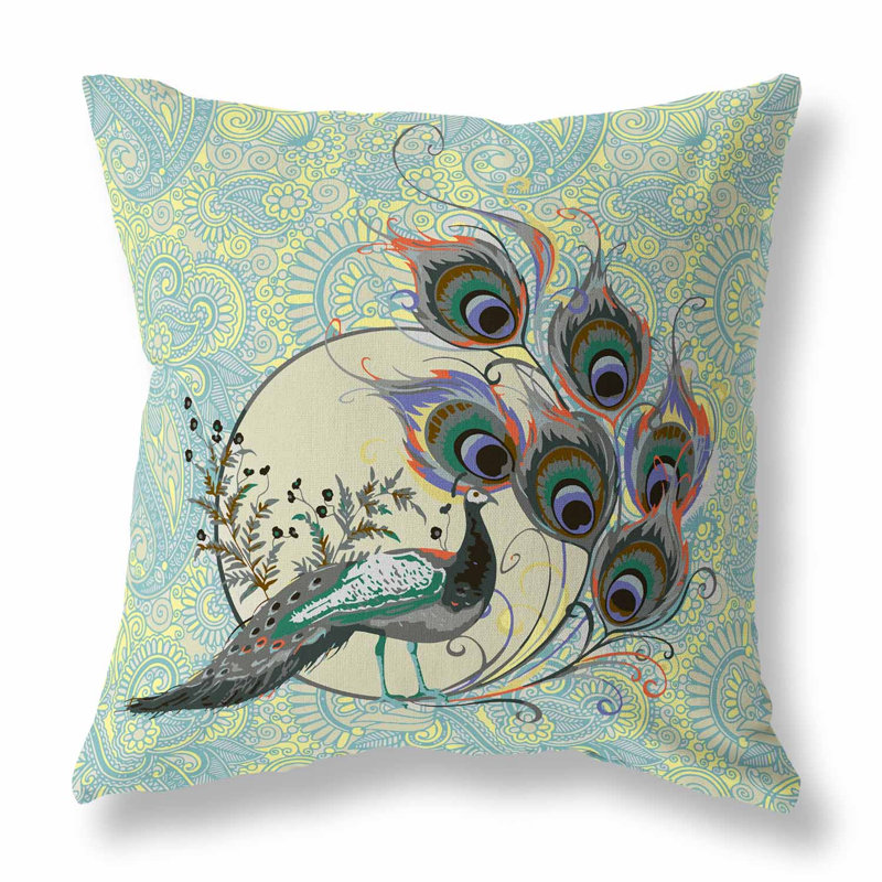 Coussin Paisley, Bleu ciel / jaune / cachemire argenté, H 16 po x l 16 po
