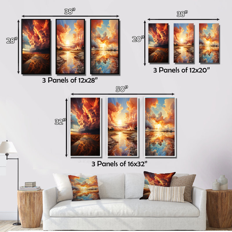 «Storm Clouds Mystical Embrace», 3 pièces sur toile, Encadrement doré, H 20 po x l 36 po