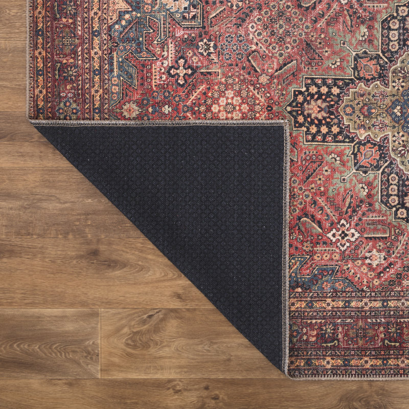  Washable Non-Slip Rug - Red/Teal Blue/Yellow Traditional Medallion Area Rug for Living Room, Bedroom, Dining Room, and Kitchen