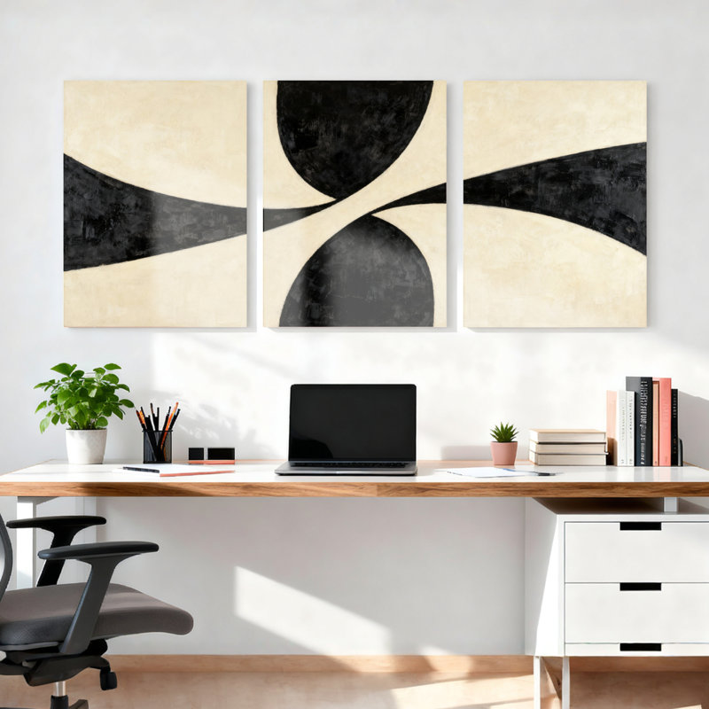 Ensemble de 3 tableaux sur toile tendue, motif incurvé abstrait noir et crème, H 24 po x l 48 po