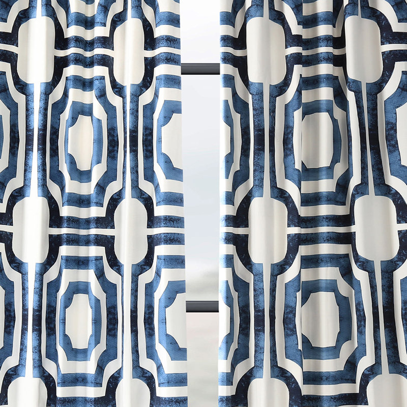 Magari Geometric Printed Cotton Room Darkening Single Curtain Panel, 50" W x 84" L, Blue