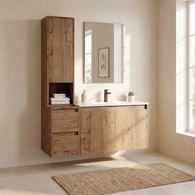 42" Floating Single Bathroom Vanity with Upper Cabinet, Ceramic Sink and Handle-Free Design