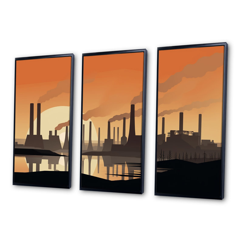 Ensemble de décorations murales Minimal Industrail Peach Projection II - Factories, Cadre flottant noir