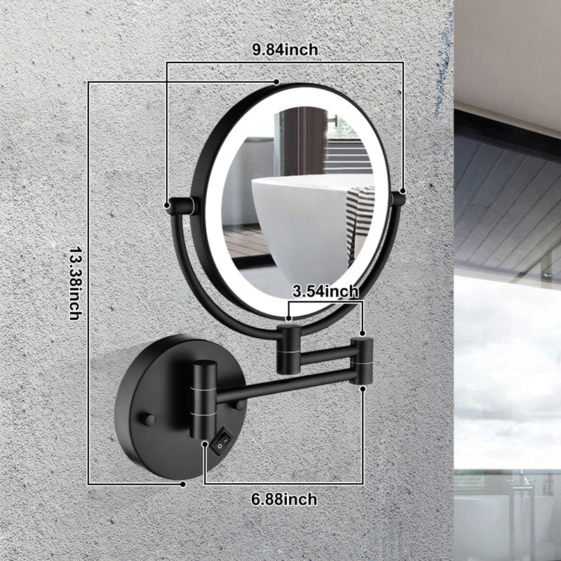 8 Inch Double-Sided LED Vanity Mirror, 1X/3X Magnification, Extendable, Rotatable & Foldable, Hardwired, Matte Black