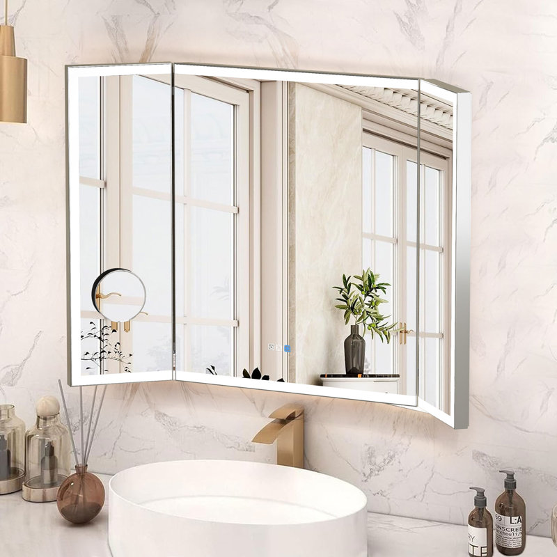 Tri-Fold Wall Mirror with Backlit, Front-lighted, Removable 10x Magnifying Mirror, Dimmer, Defogger, 36" x 54"