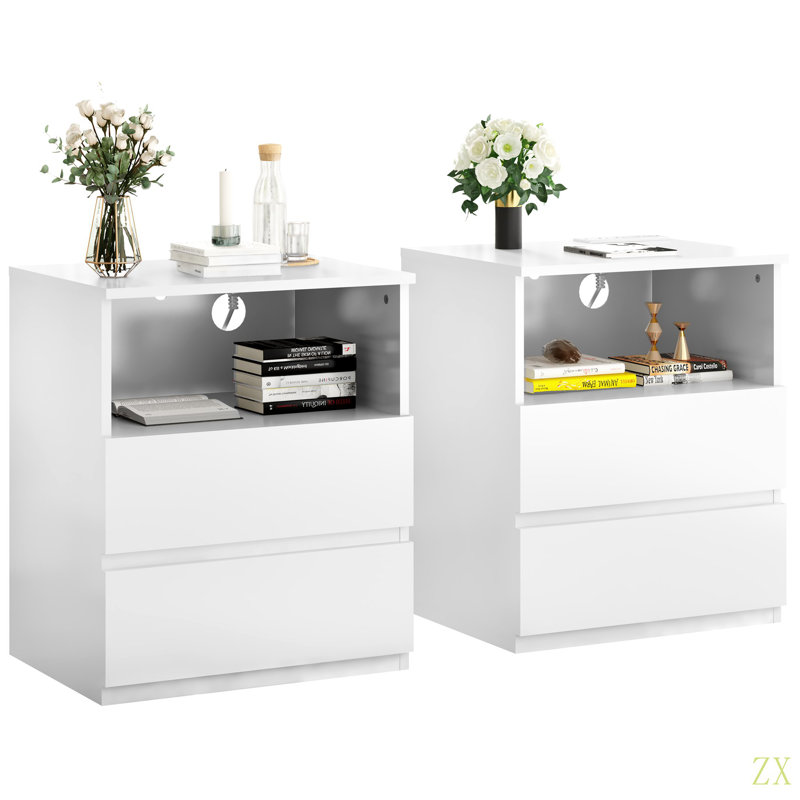(Ensemble de 2) table de bout avec station de charge USB C rapide, table d'appoint avec canapé à 2 tiroirs, grande armoire de rangement moderne en bois pour le salon, la chambre à coucher, le bureau