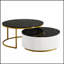 Table basse gigogne ronde moderne avec motif cannelé et tiroir, noir et or, 27,6 po