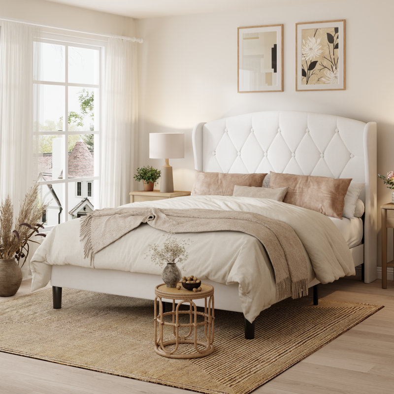 Queen Size Upholstered Wingback Platform Bed Frame With Diamond Tufted Headboard, No Box Spring Needed, Cream Velvet, Queen
