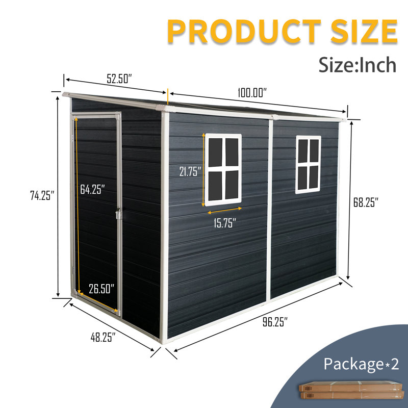 4X8ft Outdoor Storage Shed With Floor Resin Shed With Two-Window, Waterproof ,Lockable Doors For Patio,Yard,Lawn ---Black