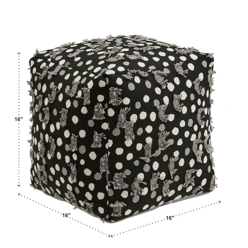 Doniphan Upholstered Square Pouf Ottoman, Black/White/Gray Dots Fabric
