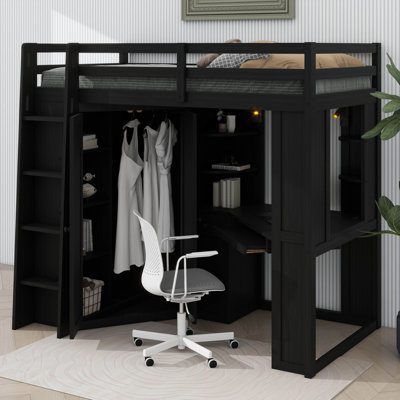 Lit mezzanine simple avec grand garde-robe et bureau intégrés, lit haut multifonctionnel peu encombrant avec plateau à clavier coulissant, station de charge et double projecteur