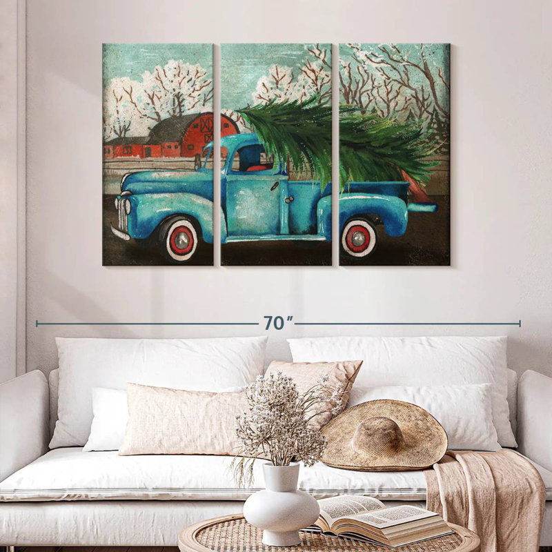 Camion bleu Mehar et arbre I, H 32 po x l 50 po