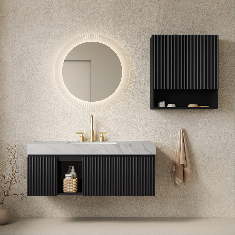 Ensemble combiné de 24 po + TOBI 26 po, meuble-lavabo suspendu avec rangement pour salle de bain, comptoir en pierre frittée crème veinée or, lavabo en céramique, 1 trou pré-percé pour robinetterie, robinetterie et bonde non inclus, couleur noyer.