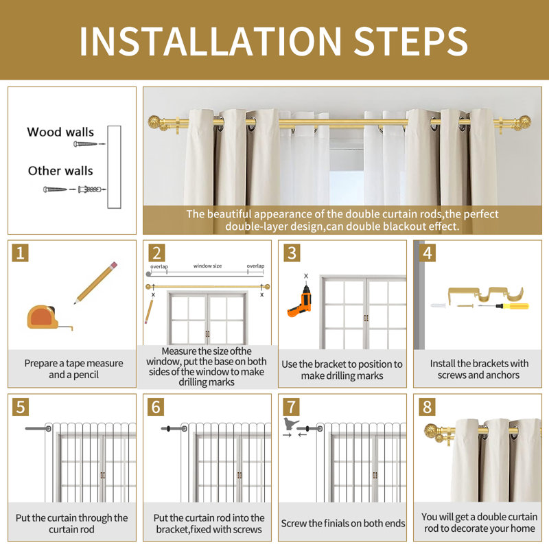 Takehito Adjustable Double Curtain Rod, 48" - 84"