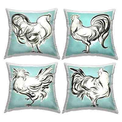 Turquoise Doodle Hens 4 Piece Outdoor Printed Pillow Set by Laura Marr