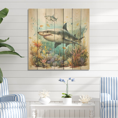 Curious Shark Ocean Blooms III - Shark On Wood Print