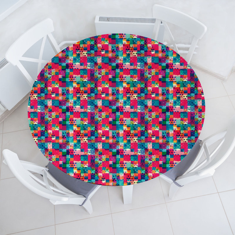 Ebern Designs Abstract Art Fitted Round Tablecloth Multicolor