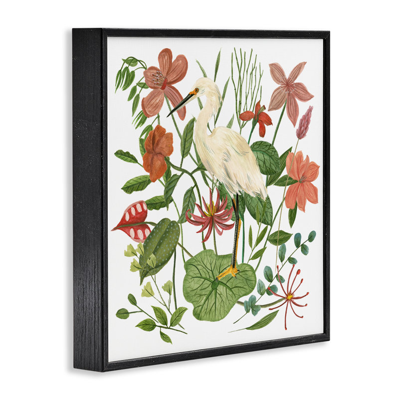 Heron with Wild Florals, art de la giclée encadrée par Melissa Wang, Giclée encadrée noir minuit, H 12 po x l 12 po