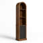 Armoire de rangement autoportante et arquée avec porte à volets, support de présentation en bois étroit avec tablettes ouvertes et compartiment caché, organisateur multifonctionnel