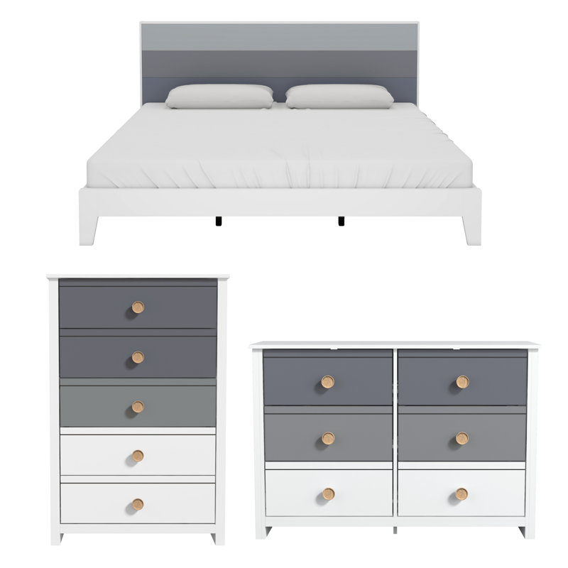 Buzice Transitional 3 Piece Bedroom Set, King, White/Night Owl/Cool Gray