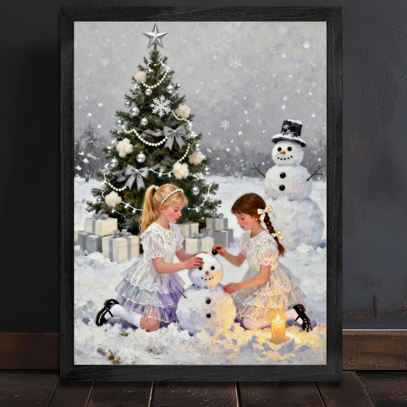 Filles de Noël rétro encadrées noires jouant et gambadant des impressions encadrées de style rétro, H 11 po x l 9 po