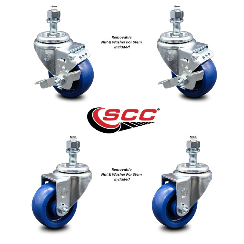 3.5 Inch_Solid Polyurethane Swivel 12mm Threaded Stem Caster Set 2 Brake SCC