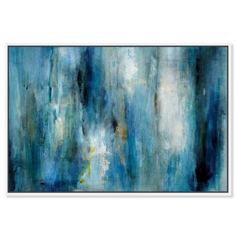 " Abstract Plenty Blue Rain, Modern & Contemporary Blue ", White Floater Framed, 30" H x 45" W 