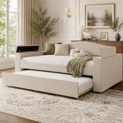 Full Size Upholstered Daybed With Storage Armrests, Trundle, And Integrated Bluetooth Audio System