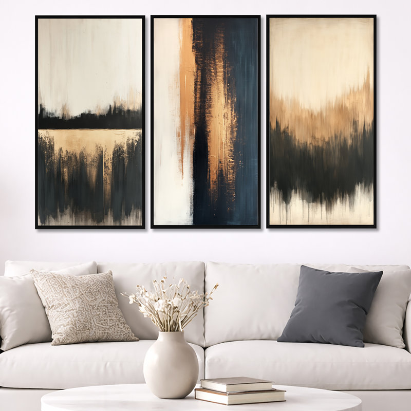 «Beige Amd Black Modern Shapes», reproduction de toile abstraite encadrée 3 pièces, 40" H x 60" W, Black Floater Framed