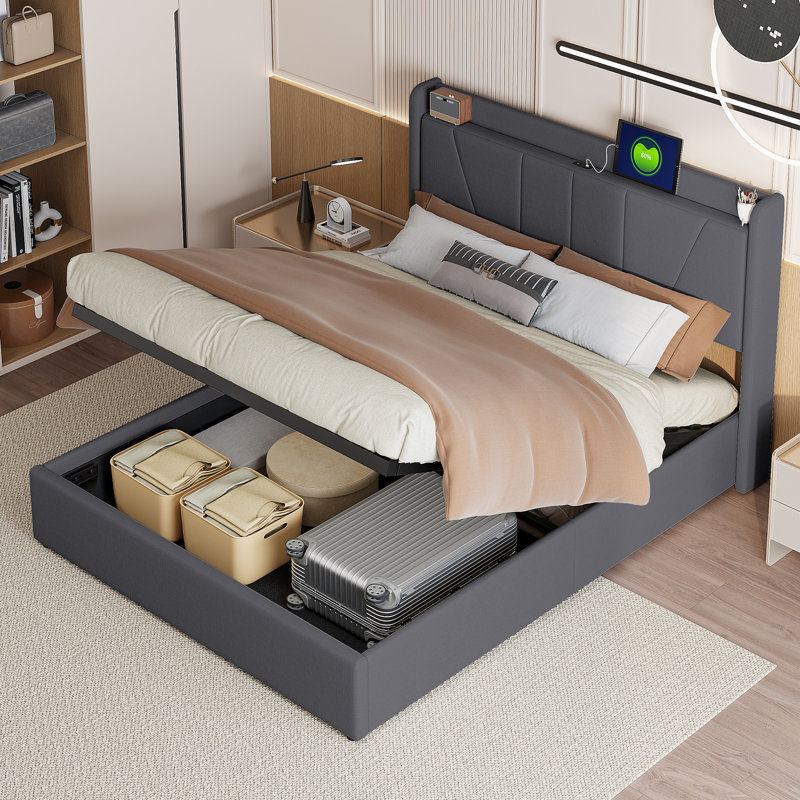 Upholstered Ottoman Storage Bed, European Kingsize (160 x 200 cm), Grey