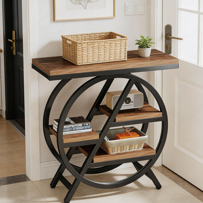 Table de bout compacte industrielle avec rangement à 4 niveaux, parfaite pour les petits espaces et les décors modernes.
