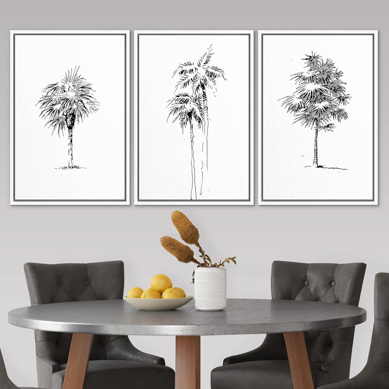 Minimalist Tree " Black And White Tropical Palm Tree Simple Minimalist Neutral Modern Art Work Room Decor " 3 - Pieces, Blanc